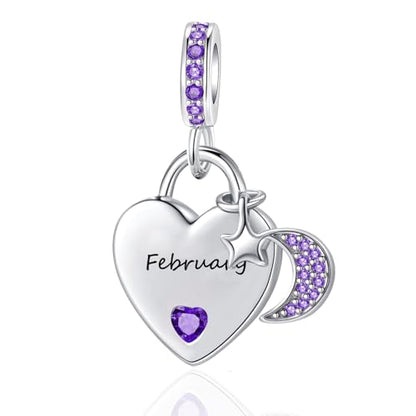12 Months Birthstone Heart Charm Moon and Star Pendant Bead Compatible with Pandora Bracelet Women - style: February
