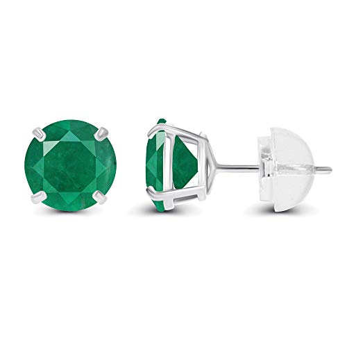 Solid 14K Yellow, White or Rose Gold 4mm Round Genuine Gemstone Birthstone Prong Set Stud Earrings For Women - color: Emerald