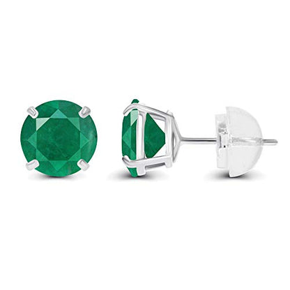 Solid 14K Yellow, White or Rose Gold 4mm Round Genuine Gemstone Birthstone Prong Set Stud Earrings For Women - color: Emerald