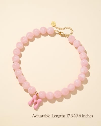 DoDoBeads Chunky Colorful Beaded Initial Necklace, Bubble Letter Choker | Gift box and dust pouch included; waterproof and sweat-resistant with real gold plated stainless steel hardware - color: Pink-M