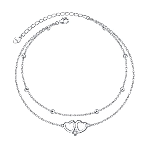 Anklet for Women 925 Sterling Silver Foot Adjustable Ankle Bracelet Jewelry - style: Layered Heart