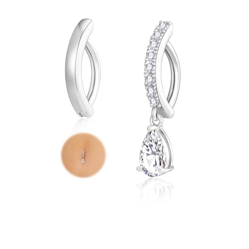 Apsvo 2Pcs Belly Button Ring for Women Surgical Steel CZ Clicker Belly Rings Hoop Teardrop Heart Dangle Belly Button Piercing Simple Reverse Navel Piercing Jewelry 14G - color: Silver-Teardrop
