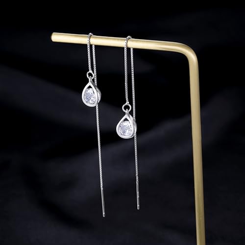 Reffeer Solid 925 Sterling Silver CZ Droplet Chain Dangle Earrings for Women Teen Girls Tassel Dangle Earrings Threader - color: A-Silver
