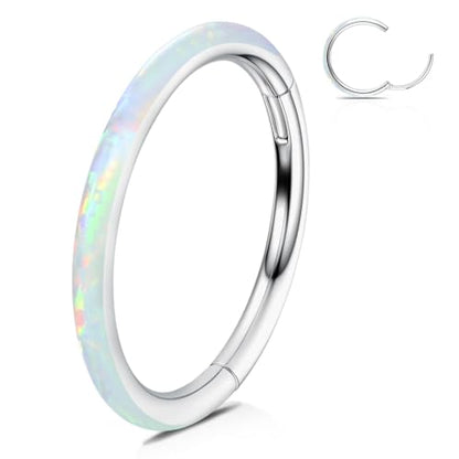 WBRWP 316L Stainless Steel Nose Hoop Rings Clicker with Zircon/Opal 14g-20g | Hypoallergenic Nose Rings Segment Clicker Lip Rings Cartilage Rook Conch Earrings Diameter 5mm-10mm - color: Silver ring with white opal -1pc pack