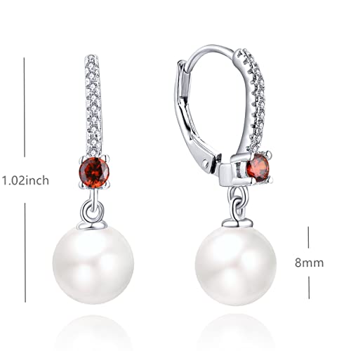 JO WISDOM 925 Sterling Silver Freshwater Pearl Hoop Earrings with Dangle Real Pearl,Simulated Pearls - color: B-8mm white pearl,garnet color