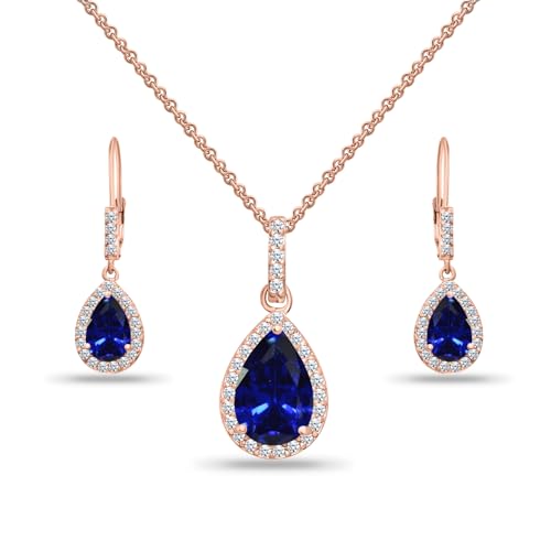 Jewelry Sets for Women, Necklace and Earring Sets for Women, Birthstone Jewelry, Genuine or Synthetic Gemstones, Teardrop Necklace and Dangle Earrings, Pendant Necklace, Sterling Silver Jewelry - color: Created Blue Sapphire - Rose Gold