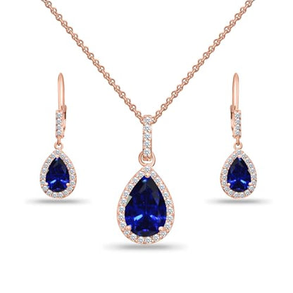 Jewelry Sets for Women, Necklace and Earring Sets for Women, Birthstone Jewelry, Genuine or Synthetic Gemstones, Teardrop Necklace and Dangle Earrings, Pendant Necklace, Sterling Silver Jewelry - color: Created Blue Sapphire - Rose Gold