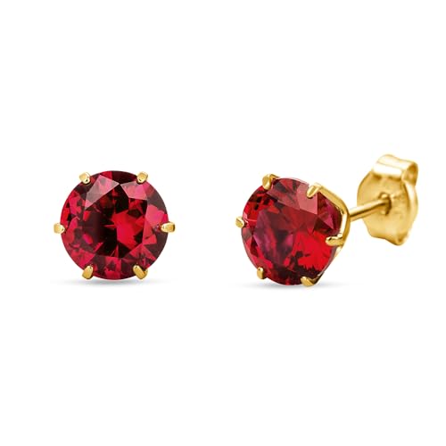 Orovi Round 14K Gold Earrings for Women in Solid 14K White Gold 585/14K Yellow Gold 585 with Ruby/Sapphire/Zirconia/Emerald Gemstones, Stud Earrings For Women,Women's Jewelry Delivered in Jewelry Box - color: 14K Yellow Gold/ Ruby