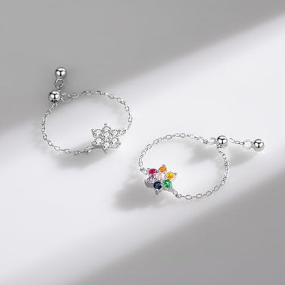 925 Sterling Silver Adjustable Link Chain Rings for Women Daughter | Dainty 14k Gold Plated Evil Eye/Cross/Flower Ring Sparkly Twist Rope with Bead Dangle Stackable Ring Jewelry Birthday Gifts - color: Style 6-Rainbow