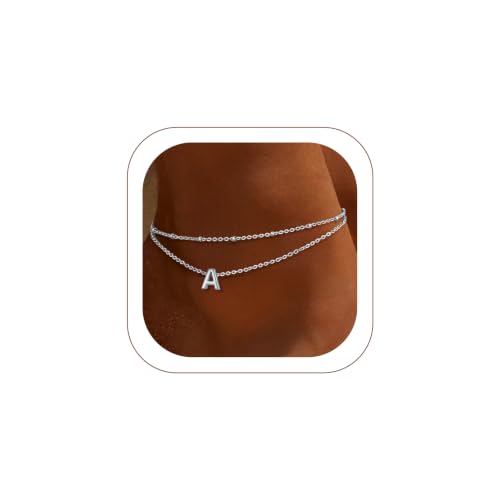 FaithHeart Initial Ankle Bracelets for Women, Waterproof 14k Gold Plated Initial Anklets Non Tarnish Stainless Steel Cute Layered Anklet Summer Beach Jewelry - color: Silver, size: Initial A