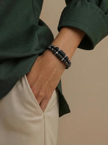 Mens Leather Turquoise/Tiger Eye/Obsidian/Lava Stone Bracelet–Braided Multi‑Layer Wristband Cuff Bangle Barcelet–Jewelry Box and Pouch Packing - color: Lava Rock Stone, size: 9in(Fits larger wrists)