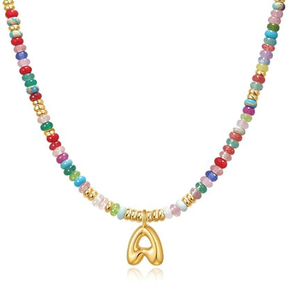 YOUFENG Initial Letter Necklaces for Women Colorful Beaded Gemstone Choker 14K Gold Plated Bubble Letter Pendant Necklace Natural Stone Handmade Jewelry Gift - color: A