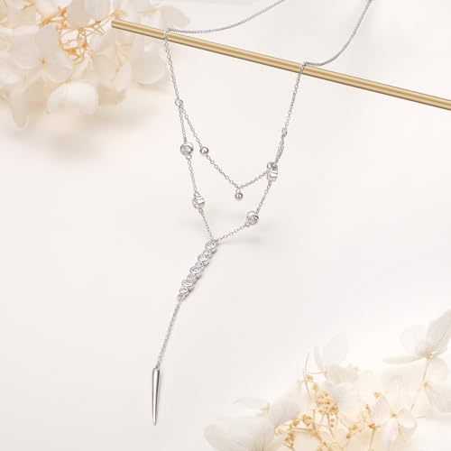 Sterling Silver Dainty Bead Layered Long Lariat Choker Necklaces for Women Boho - style: Two-Piece
