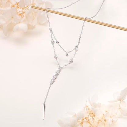 Sterling Silver Dainty Bead Layered Long Lariat Choker Necklaces for Women Boho - style: Two-Piece