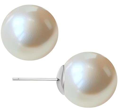 White Faux Pearl Stud Earrings, S925 Silver Posts Hypoallergenic for Women - color: Creamy White, size: 10mm