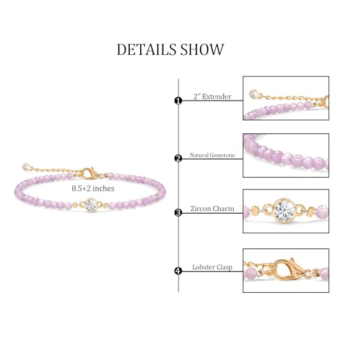 Raicegs Anklets for Women Handmade Beach Boho Ankle Bracelet 3mm Natural Stone Beaded Ankle Bracelet 14K Gold Plated Zircon Pendant Adjustable Crystal Gemstone Anklet Jewelry Gift for Her - color: Amethyst