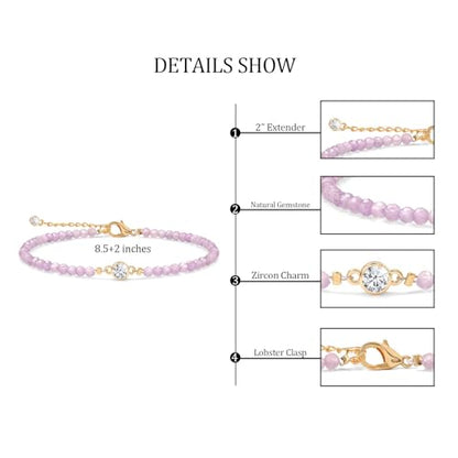 Raicegs Anklets for Women Handmade Beach Boho Ankle Bracelet 3mm Natural Stone Beaded Ankle Bracelet 14K Gold Plated Zircon Pendant Adjustable Crystal Gemstone Anklet Jewelry Gift for Her - color: Amethyst
