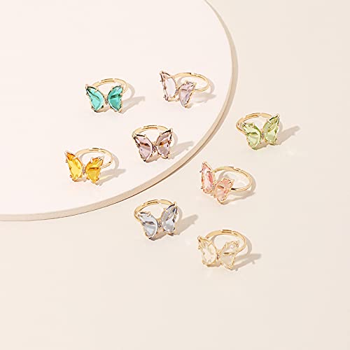 8 Pcs Gold Plated 3D Butterfly Rings Acrylic Adjustable Open Colorful Crystal Bowknot Shaped Band Rings for Women Girls Finger Jewelry - color: transparent