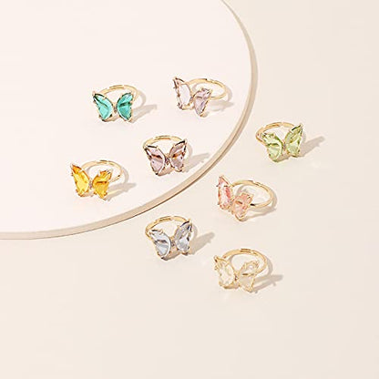 8 Pcs Gold Plated 3D Butterfly Rings Acrylic Adjustable Open Colorful Crystal Bowknot Shaped Band Rings for Women Girls Finger Jewelry - color: transparent