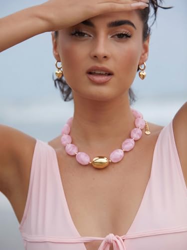 Chunky Beaded Necklaces for Women Statement Necklace | Bold Chunky Choker, Large Resin Beads, Adjustable Necklace, Boho Trendy Summer Beach Holiday Jewelry - color: Pink-04