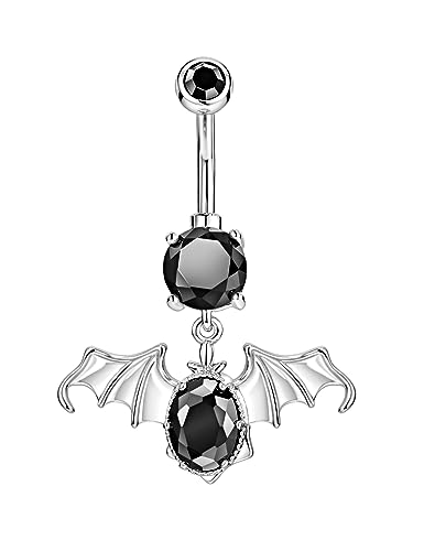 Belly Button Ring Dangle, Cross Belly Button Ring, Navel Piercing | 316L Surgical Steel, AAA+ Cubic Zirconia, Nickel-Free, Hypoallergenic, Multi-Style, 14 Gauge 10 mm Screw On Piercing Stud - style: Dangling Black Bat