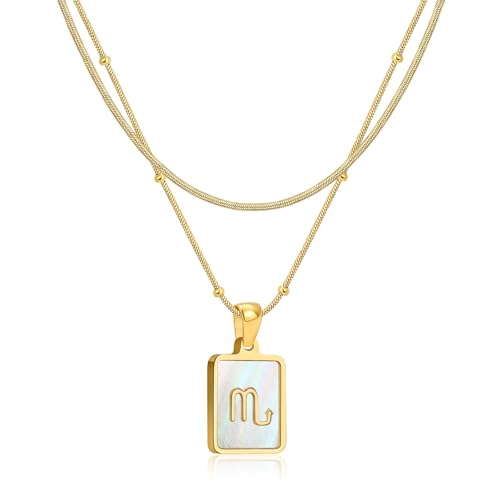 LETFLY Layered Zodiac Necklace for Women 18K Gold Natural Shell Pendant | Birthday Gifts for Women, Daily Wear, Hypoallergenic Material, Personalized Constellation Pendant, Adjustable, Snake Chain - style: Scorpio