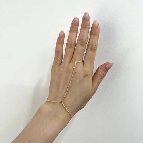 Kakikaki 925 Sterling Silver Finger Ring Bracelet Hand Chain for Women | Slave Bracelets 7" to 9" Adjustable - color: Gold, style: Satellite Chain