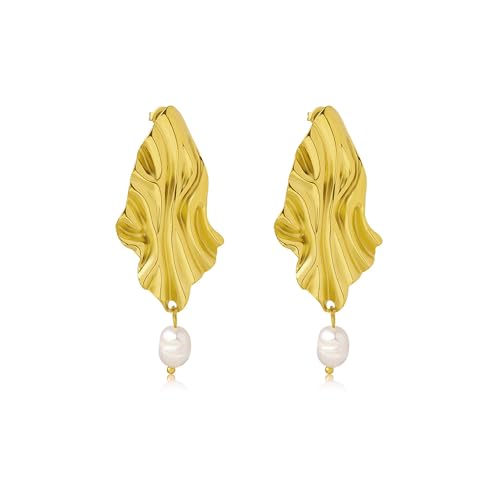 Large Geometric Drop Dangle Earrings for Women Pearl Teardrop Disc Rectangle Oval Fishtail Shell Shaped Textured Dangle Studs Earrings for Women - color: Gold-Pearl