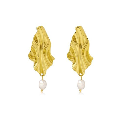 Large Geometric Drop Dangle Earrings for Women Pearl Teardrop Disc Rectangle Oval Fishtail Shell Shaped Textured Dangle Studs Earrings for Women - color: Gold-Pearl
