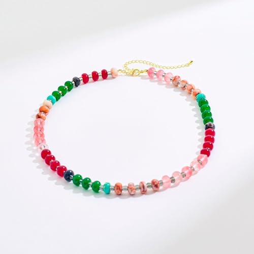 Colorful Beaded Choker Necklaces for Women | Large Natural Stone Bead, Boho Beach Necklace, Trendy Jewelry Gifts, 4 Style, 16+3 in - color: 02-Colorful-Red
