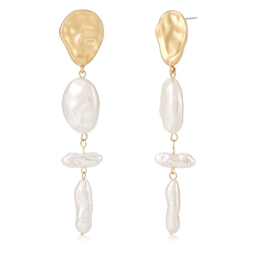 Statement Pearl Dangle Earrings,Gold and Large Pearl,Luxury Chandelier Organic Style Earrings - color: G gold and white