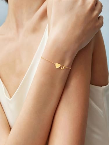 KeyStyle Initial Heart Bracelet for Women Waterproof Stainless Steel Chain | 14K Gold Plated /Silver A-Z Letter Adjustable Charm Bracelet, Hypoallergenic Non Tarnish Dainty Gift for Everyday Wear - color: 14K Gold Plated-I