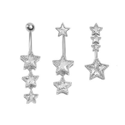 3Pcs 14G Stainless Steel Dangle Belly Button Rings Cubic Zirconia Heart Star Round Belly Navel Barbell Rings Belly Piercing Jewelry for Women - style: Silver Star