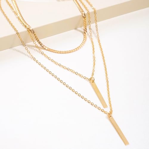 Layered Vertical Bar Choker Necklace for Women Men Gold Silver Plated Dainty Simple Multilayer Thin Flat Stick Geometric Adjustable Long Chain Necklace for Minimalist Birthday Holiday Fashion Jewelry