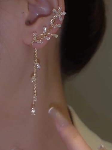 2PCS Flower Tassel Zircon Earrings Ear Cuffs No Piercing Flower Climber Wrap Around Earrings Pearl Drop Earrings for Women Fairy Ear Clip Dainty Wedding Earrings for Brides - color: Style 2 - Gold