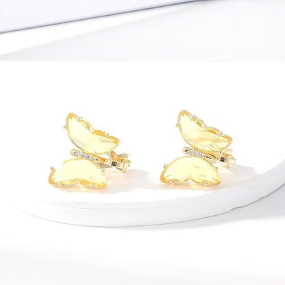 YOQUCOL Butterfly Shape Crystal Clip On Earrings Non Pierced Golden Stud for Women - color: Yellow