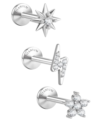 3 Pcs G23 Implant Grade Titanium Flat Back Earrings for Women Men | Hypoallergenic Internally Threaded 5A CZ Gold Flatback Stud, Tragus, Cartilage, Conch Piercing Jewelry for Sensitive Ears 18G - color: Silver 1