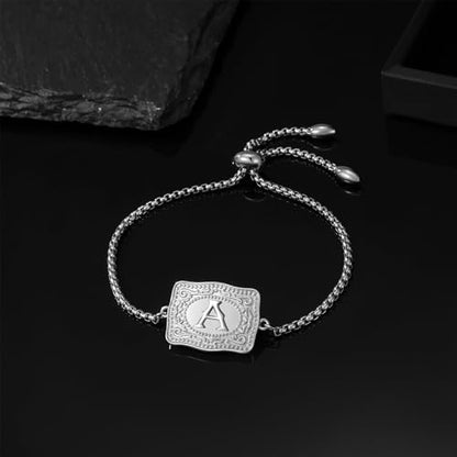 Belt Buckle Initial Bracelet for Women, 18K Gold/Silver Plated Belt Buckle Initial A-Z Bracelet, Unique Western Style Jewelry Gifts for Women Men - style: E