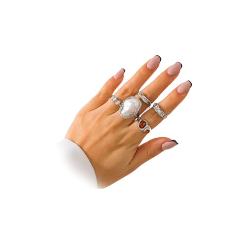 Chunky Baroque Pearl Knuckle Rings Set,Charming Dainty Crystal Pearl Personalized Joint Ring,Vintage Plated Gold Flower Midi Rings Set for Women
