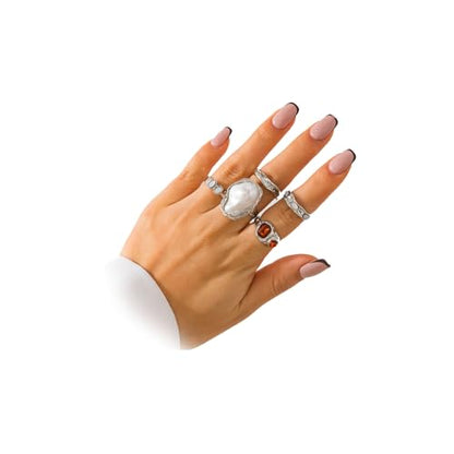 Chunky Baroque Pearl Knuckle Rings Set,Charming Dainty Crystal Pearl Personalized Joint Ring,Vintage Plated Gold Flower Midi Rings Set for Women