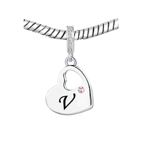KunBead Initial A-Z Letter Pink Heart Alphabet Birthday Dangle Love Charms Compatible with Pandora Charm Bracelet for Auntie Friend Sister Mom Daughter Nana Granddaughter Wife - style: Letter V