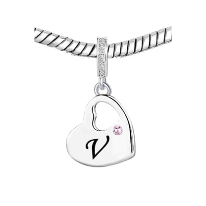 KunBead Initial A-Z Letter Pink Heart Alphabet Birthday Dangle Love Charms Compatible with Pandora Charm Bracelet for Auntie Friend Sister Mom Daughter Nana Granddaughter Wife - style: Letter V