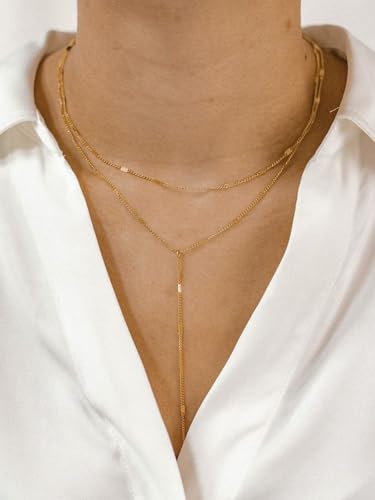 Lariat Gold Necklace for Women, Dainty Long Necklace 14k Gold Plated/Silver Y-Shaped Pendant Necklace Trendy Layered Cz Beaded Chain Drop Necklaces Simple Gold Jewelry for Women Gift - style: LC-2NK-22205-GDW