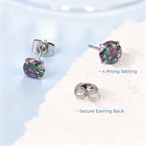 5 Pairs Stud Earrings for Women, Hypoallergenic Cubic Zirconia Silver Black 316L Surgical Stainless Steel Rainbow CZ Earrings Set 3-7mm - color: 5 Pairs Silver+Rainbow CZ