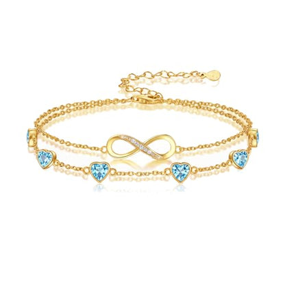 Prismata Infinity Birthstone Charm Link Bracelet/Anklet 925 Sterling Silver Adjustable 12 Months Birthstone Infinity Bracelet/Anklet Birthday Jewelry Gifts for Women Her - color: 03-March, size: 9‘+2’ Anklet-18K Gold Plated