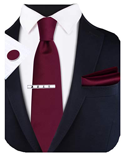 GUSLESON New 3.15"（8cm） Solid Color Necktie and Pocket Square Cufflinks Clip Set - color: Burgundy