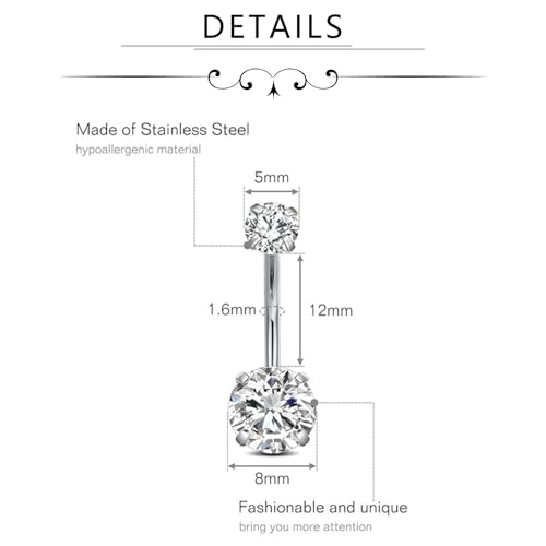 FECTAS 14g Belly Button Rings Surgical Steel CZ Petite Navel Ring for Women Body Piercing Jewelry Petite select Barbell Len 6mm 8mm 10mm 12mm 14mm Silver - style: silver1-2pcs-12mm bar