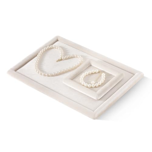Velvet Jewelry Display Tray for Ring Earrings Necklace Bracelet Flat Tray - color: Beige, size: 12.99 × 9.06 in