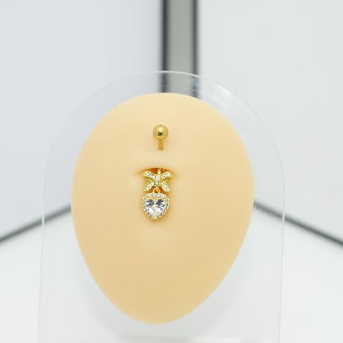 B BodyPJ Sparkles Peach Heart Bow Stainless Steel CZ Dangle Navel Piercing Barbell Belly Button Rings For Women - color: Gold+Clear CZ