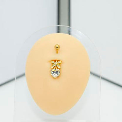 B BodyPJ Sparkles Peach Heart Bow Stainless Steel CZ Dangle Navel Piercing Barbell Belly Button Rings For Women - color: Gold+Clear CZ